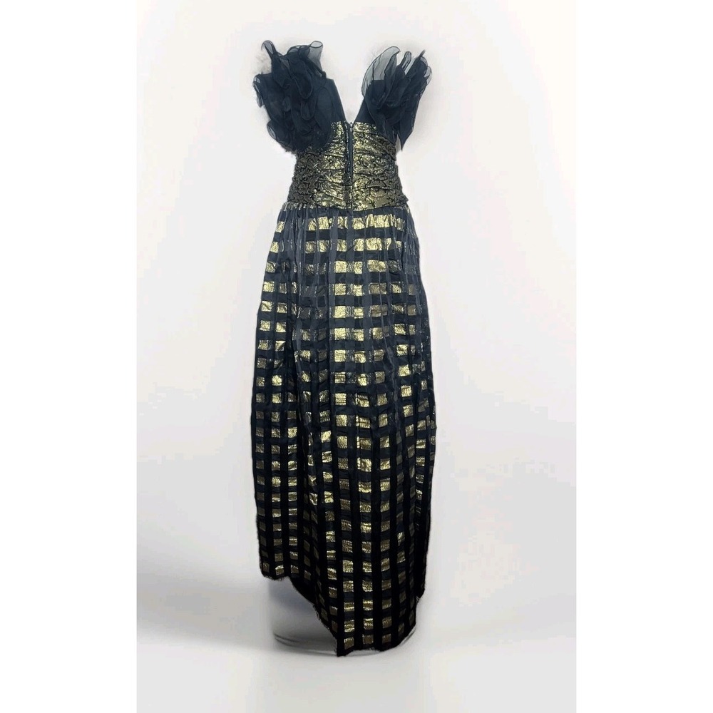 Vtg Eugene Alexander Black Gold Evening Formal Maxi Pleated Ruffle Top Dress 4 - Picture 6 of 8